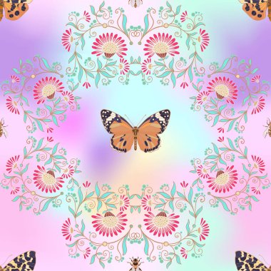 Dikişsiz desen, vintage tarzı çiçek ve anim arka plan