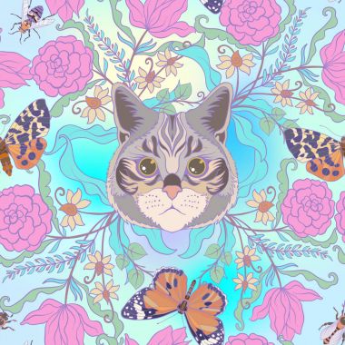 Dikişsiz desen, vintage tarzı çiçek ve anim arka plan