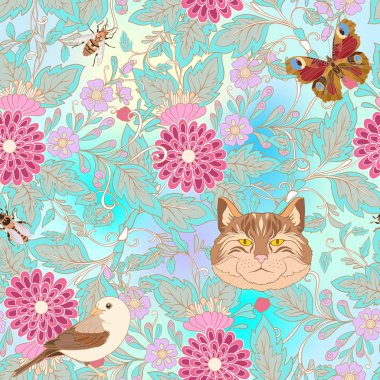 Dikişsiz desen, vintage tarzı çiçek ve anim arka plan