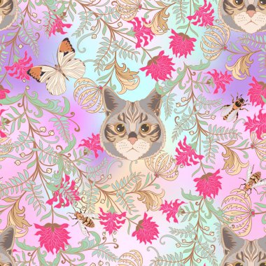 Dikişsiz desen, vintage tarzı çiçek ve anim arka plan