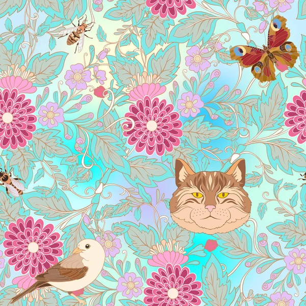 Dikişsiz desen, vintage tarzı çiçek ve anim arka plan