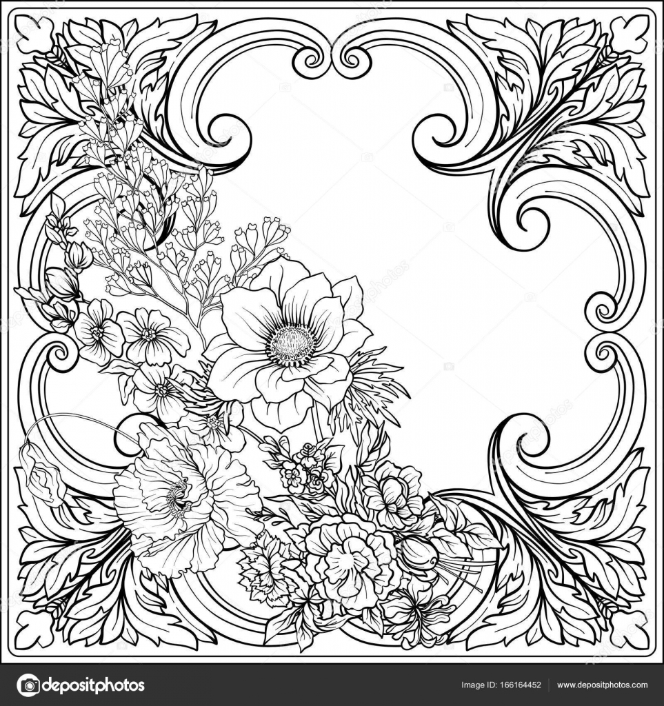 Fiori di estate anemone della giunchiglia papavero viola in stile botanica con cornice d epoca rococ² per testo Illustrazione di vettore di linea