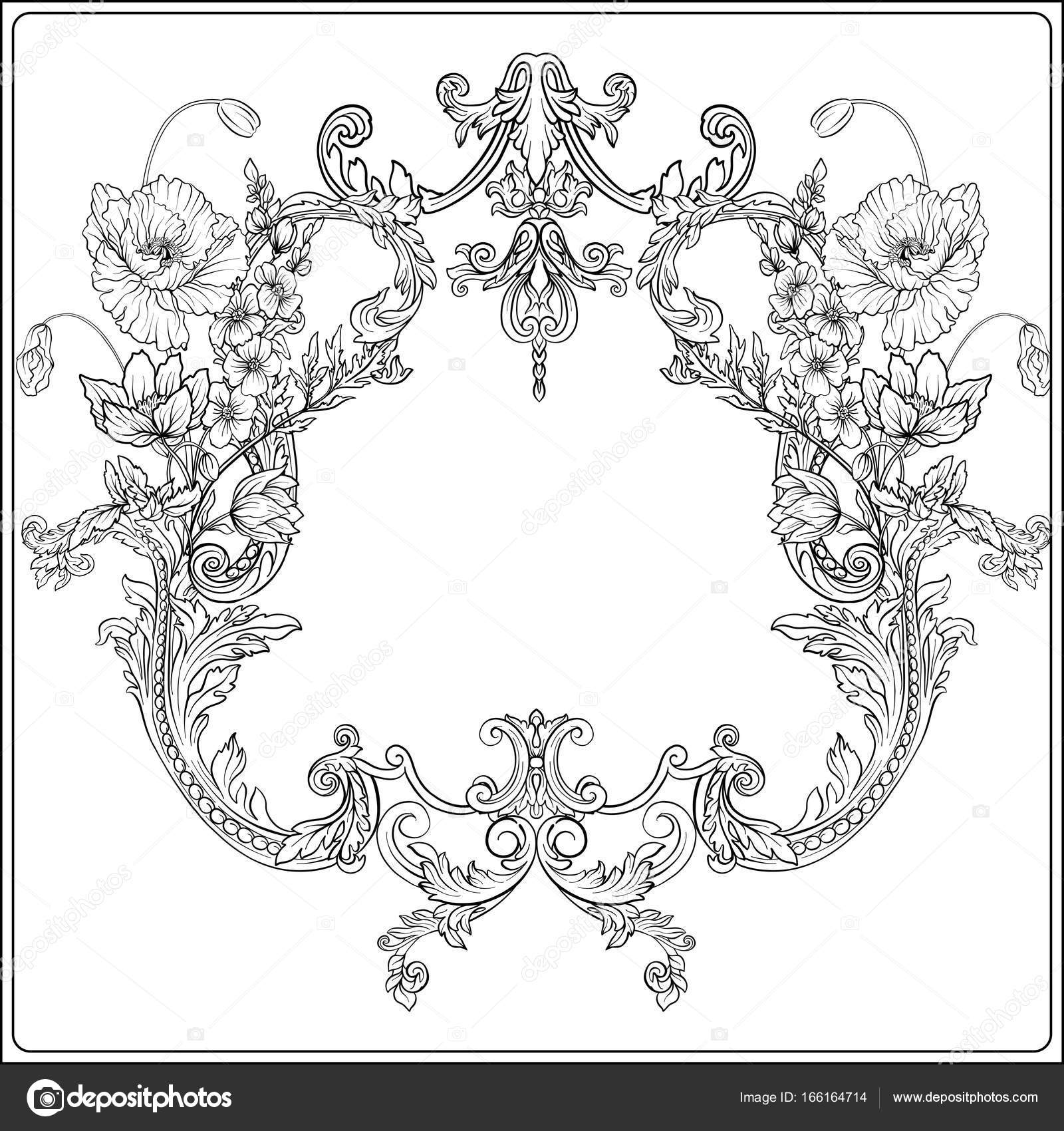 Fiori di estate anemone della giunchiglia papavero viola in stile botanica con cornice d epoca rococ² per testo Illustrazione di vettore di linea
