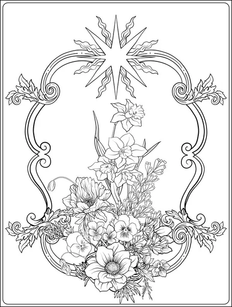 夏天花： 罂粟，水仙花，海葵，紫罗兰色，在植物园 s — 图库矢量图片