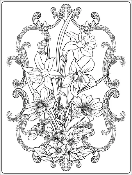 Flores de verano: amapola, narciso, anémona, violeta, en botánico s — Vector de stock