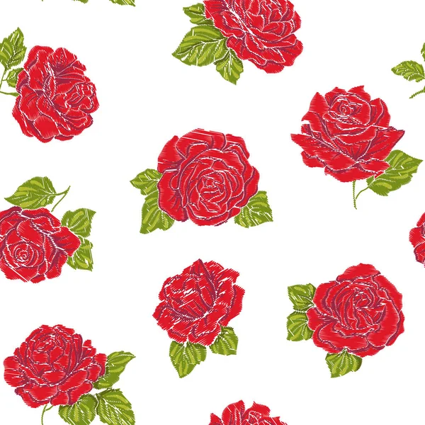 Seamless pattern with embroidery imitation red roses on white ba — Stock Vector