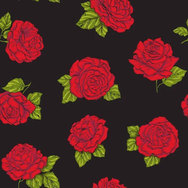 Бесшовный узор с имитацией вышивки красные розы на черной ба — стоковый вектор