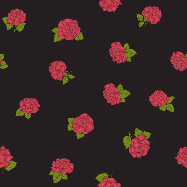 Seamless pattern with embroidery imitation red roses on black ba — Stock Vector