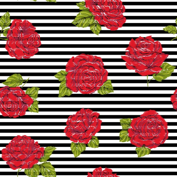 黒に刺繍模倣赤いバラでシームレスなパターン、 — ストックベクタ