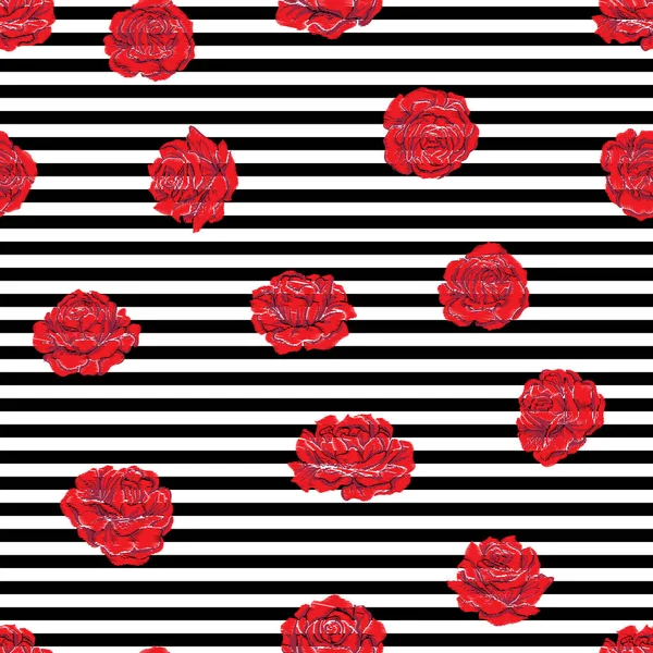 Motif sans couture avec broderie imitation roses rouges sur noir et — Image vectorielle