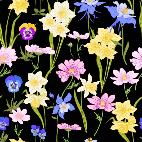 Patrón floral inconsútil de color con flores de estilo botánico — Vector de stock