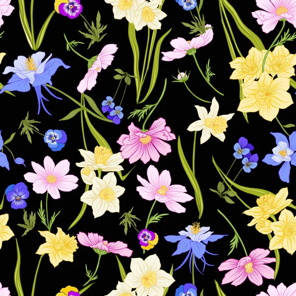 Patrón floral inconsútil de color con flores de estilo botánico — Vector de stock