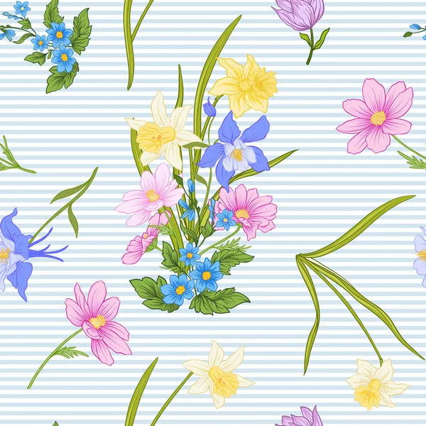 Haşhaş çiçekleri, nergis, anemon, violet ile Seamless Modeli