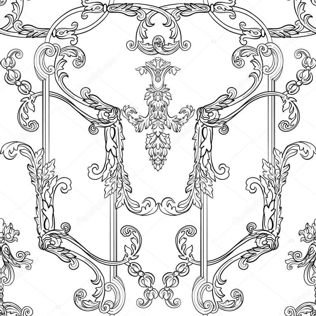Seamless pattern with richly decorated rococo style floral decor