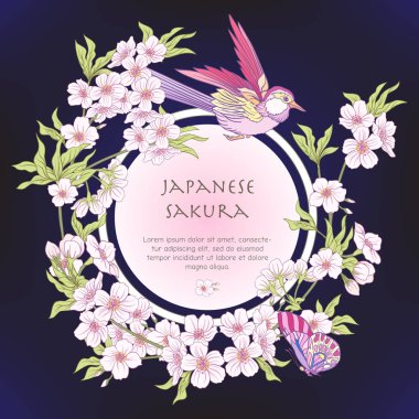 Japon çiçeği pembe sakura ve p kuşlarla çizimler