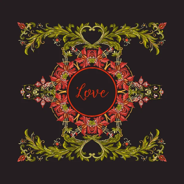 Floral decorative pattern for embroidery with word Love. Royal o — Stock Vector