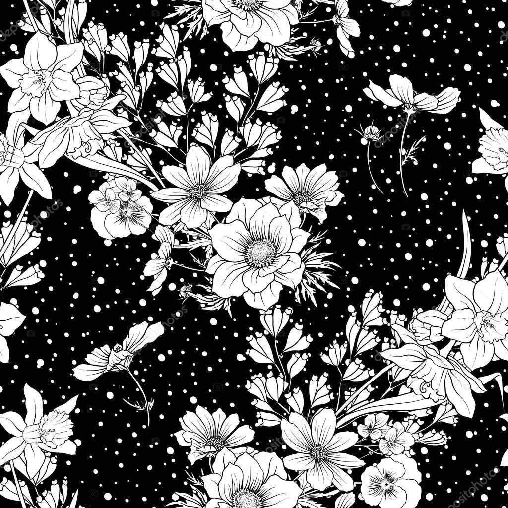 Seamless pattern with poppy flowers daffodil, anemone, violet