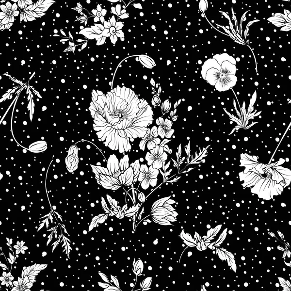 รูปแบบไร้เย็บด้วยดอกไม้ป๊อปปี้ ดาฟฟอดิล แอนิโมน ไวโอเล็ต — ภาพเวกเตอร์สต็อก