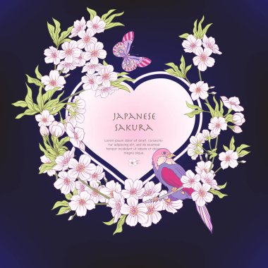 Japon çiçeği pembe sakura ve p kuşlarla çizimler