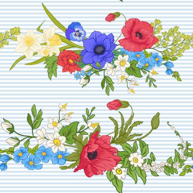 Haşhaş çiçekleri, nergis, anemon, violet ile Seamless Modeli