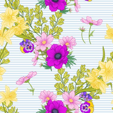 Haşhaş çiçekleri, nergis, anemon, violet ile Seamless Modeli