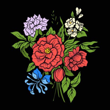 Siyah adam üzerinde nakış için vintage tarzı çiçek öğeleri