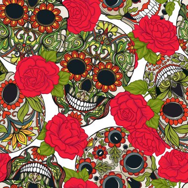 Dikişsiz desen, şeker kafatası ve kırmızı güller ile arka plan.