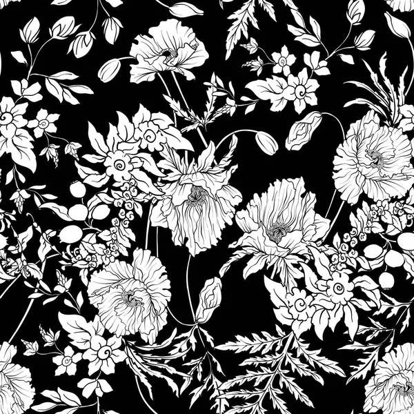 Nahtloses Muster mit Mohnblüten Narzisse, Anemone, Veilchen — Stockvektor