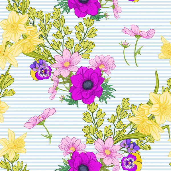 Haşhaş çiçekleri, nergis, anemon, violet ile Seamless Modeli