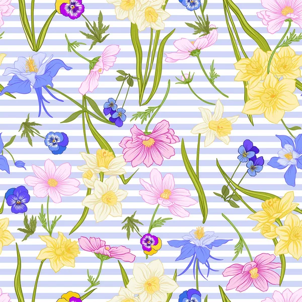 Motif sans couture avec jonquilles, anémones, violettes en botanique — Image vectorielle