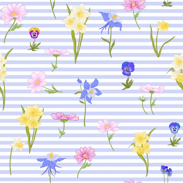 Seamless pattern with daffodils, anemones, violets in botanical — Stock Vector