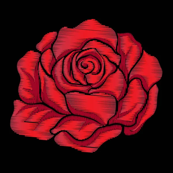 Embroidery red rose on black background. Stock line vector illus — Stock Vector