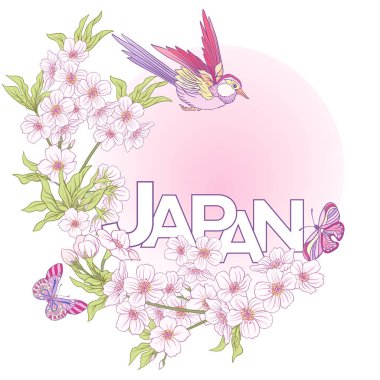 Japon çiçeği pembe sakura ve kuşlar ve wo çizimler