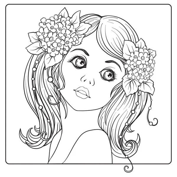 彼女の頭の上に花の花輪を持つ美しい少女. — ストックベクタ