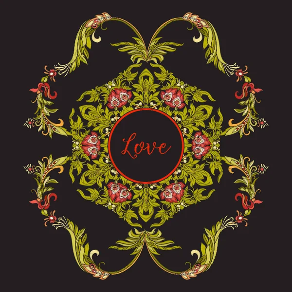 Dekorativt blommönster för broderi med ordet kärlek. Royal o — Stock vektor