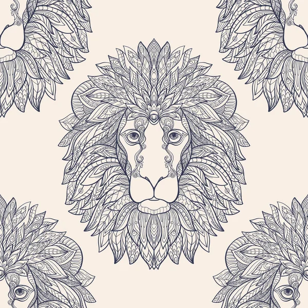 Lion avec motif de décoration. Modèle sans couture, arrière-plan. — Image vectorielle