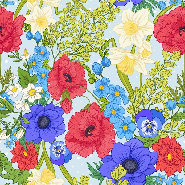 Seamless pattern with poppy flowers, daffodils, anemones, violet — Stock Vector