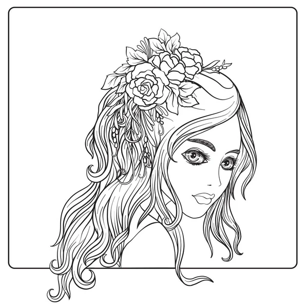 一个年轻漂亮的女孩，用花朵在她头上的花环. — 图库矢量图片