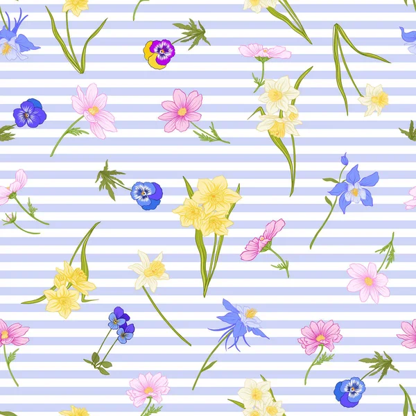 Seamless pattern with daffodils, anemones, violets in botanical — Stock Vector