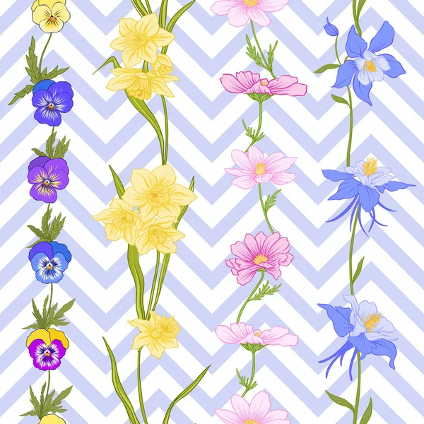Patrón sin costuras con narcisos, anémonas, violetas en botánico — Vector de stock