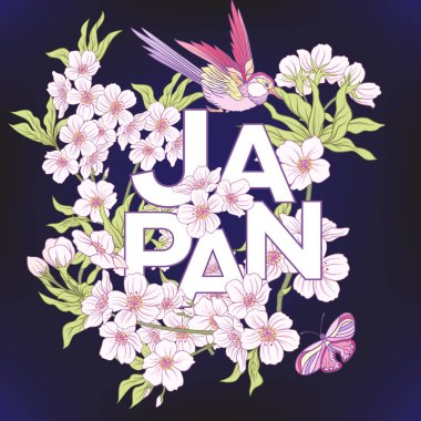 Japon çiçeği pembe sakura ve kuşlar ve wo çizimler