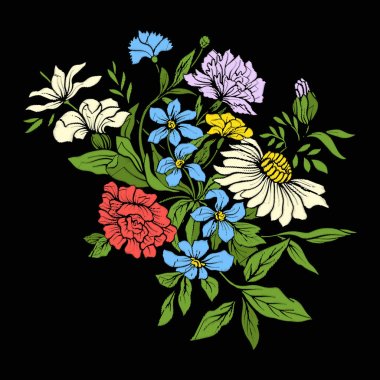 Siyah adam üzerinde nakış için vintage tarzı çiçek öğeleri