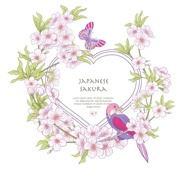 Ilustrace s japonské květy růžové sakura a ptáky s p — Stockový vektor