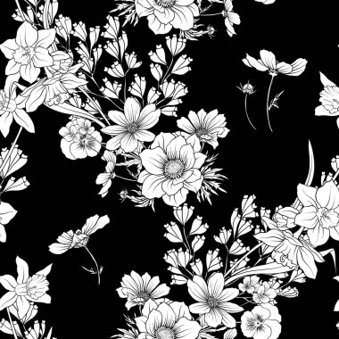 Haşhaş çiçekleri Nergis, anemon çiçeği, violet ile Seamless Modeli