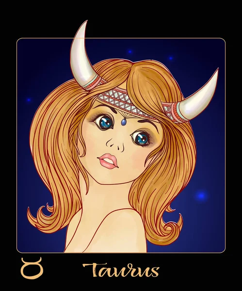Taurus. A young beautiful girl In the form of one of the signs o — Stock Vector