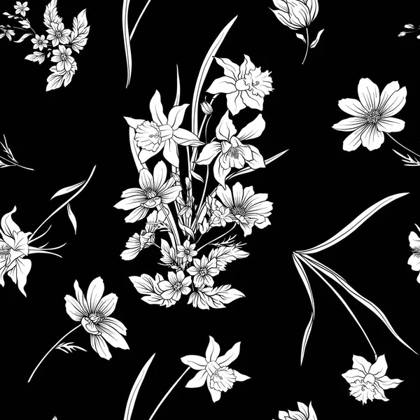 รูปแบบไร้เย็บด้วยดอกไม้ป๊อปปี้ ดาฟฟอดิล แอนิโมน ไวโอเล็ต — ภาพเวกเตอร์สต็อก