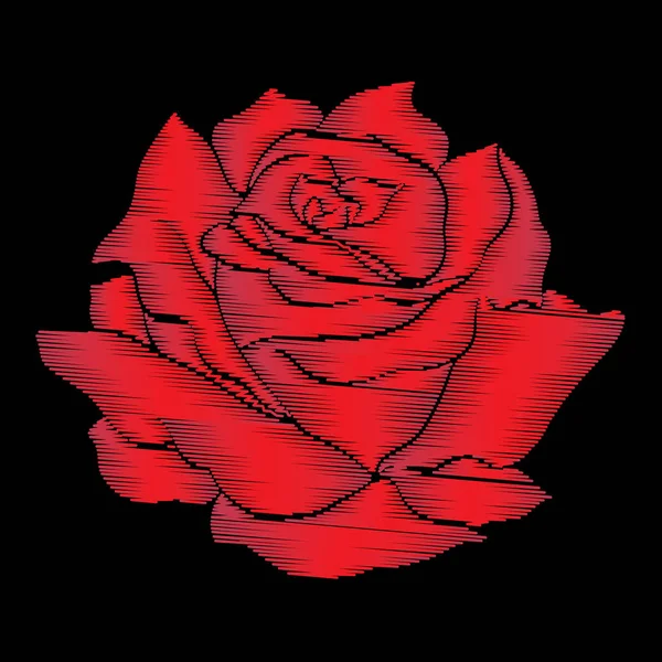 Embroidery red rose on black background. Stock line vector illus — Stock Vector