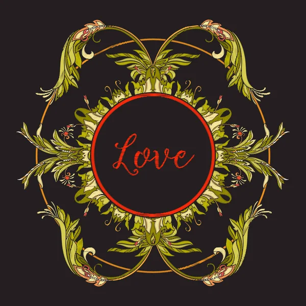 Decoratieve bloemmotief voor borduurwerk met woord Love. Koninklijke o — Stockvector