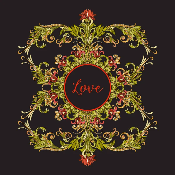 Květinové dekorativní vzor pro vyšívání slovem láska. Královské o — Stockový vektor