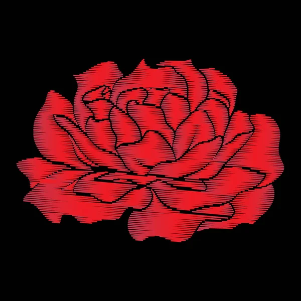Embroidery red rose on black background. Stock line vector illus — Stock Vector